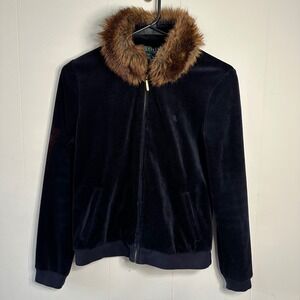 Ralph Lauren Navy Black Velour Track Lounge Jacket Removable Fur Collar Size PXS